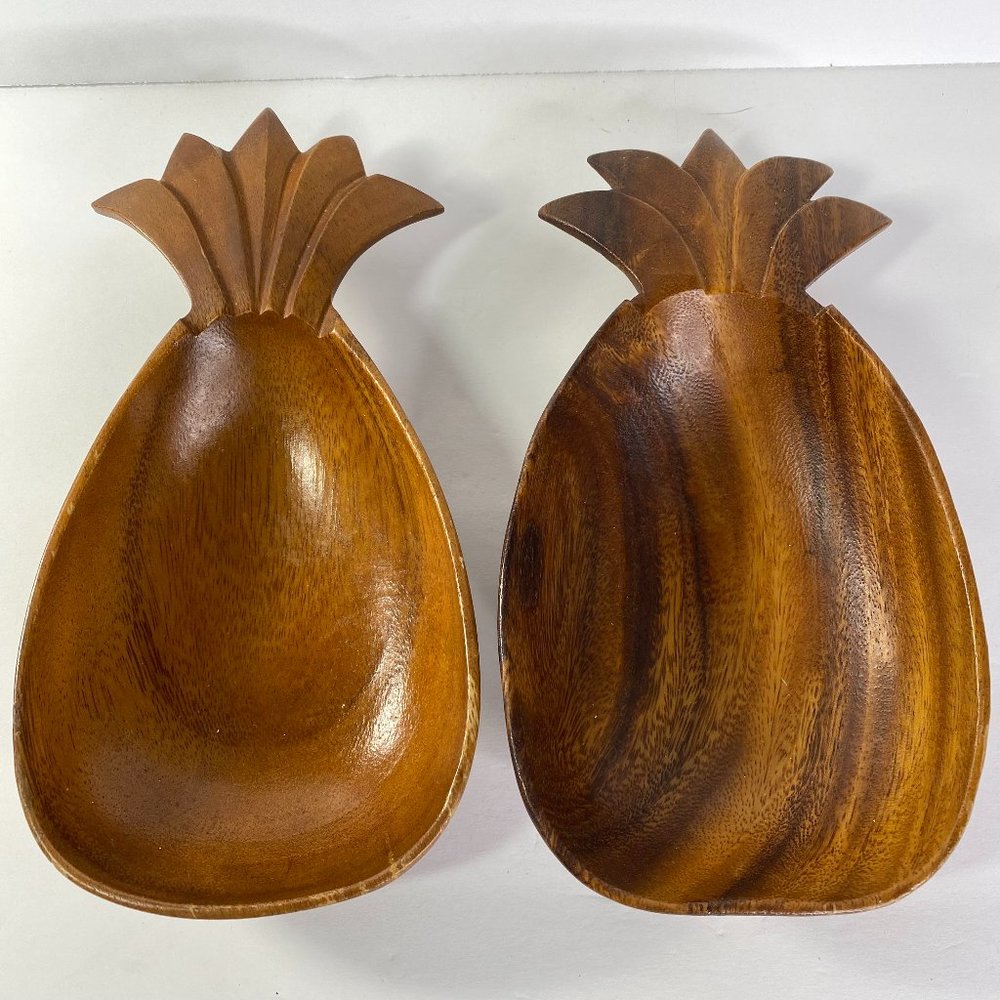 Hand-Carved Monkey Pod Wooden Pineapple Bowls - Two